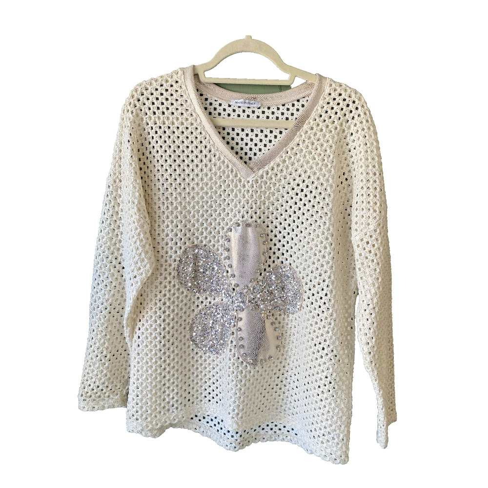 Womens Pullover Blouse ONE SIZE Cream & Silver Coastal Open Knit MADE IN ITALY